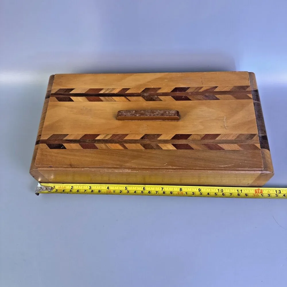 Wood Sewing Box With Marquetry Inlay And Accessories Antique